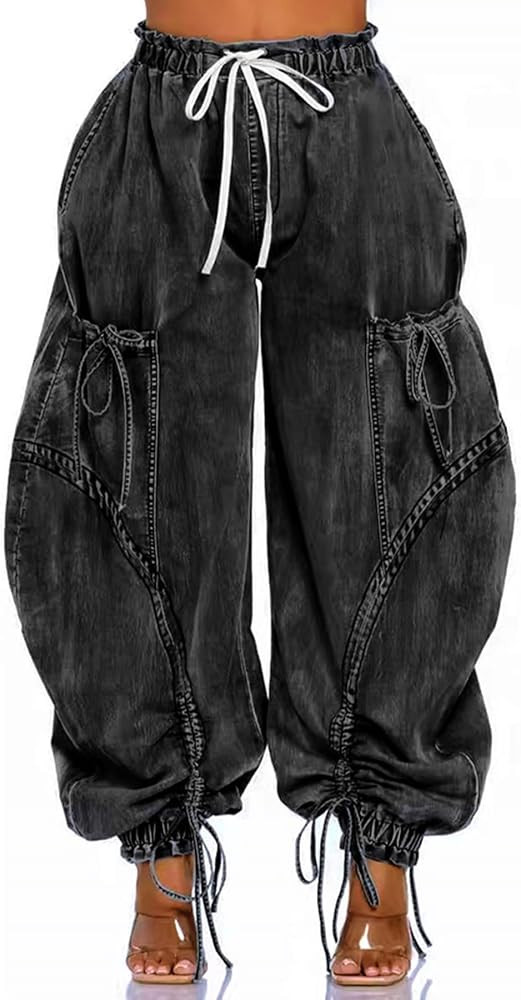 LETSVDO Women's Baggy Cargo Jogger Jeans High Waisted Wide Leg Drawstring Bow Pockets Loose Harem... | Amazon (US)