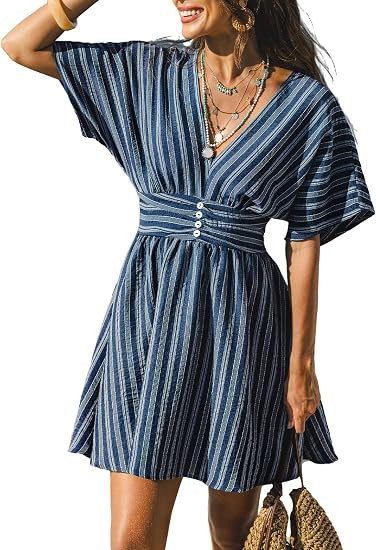 CUPSHE Women Striped Summer Dress Smocked Waist Casual Beach Mini Dress | V neck Front buttons de... | Amazon (US)