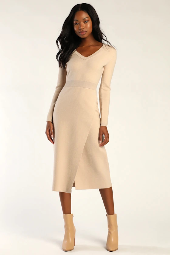 Knit's My Life Beige Long Sleeve Midi Sweater Dress | Lulus (US)