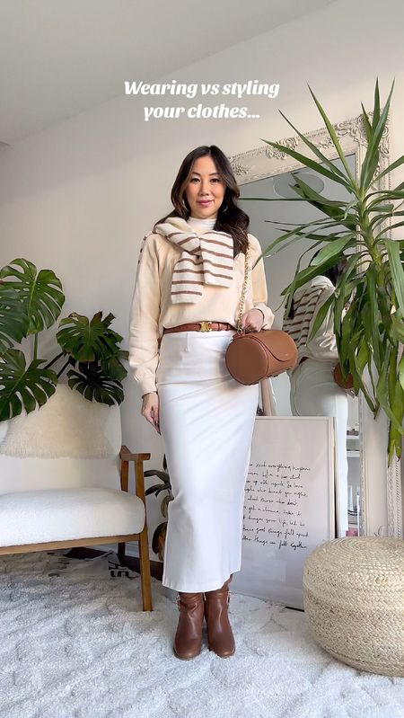 Neutral fall outfit: wearing vs styling your clothes. Pairing a casual sweatshirt and sweater with a maxi skirt. Accessorized with my Celine belt and Senreve bag along with Michael Kors knee-high brown boots.

#LTKstyletip #LTKitbag #LTKbump