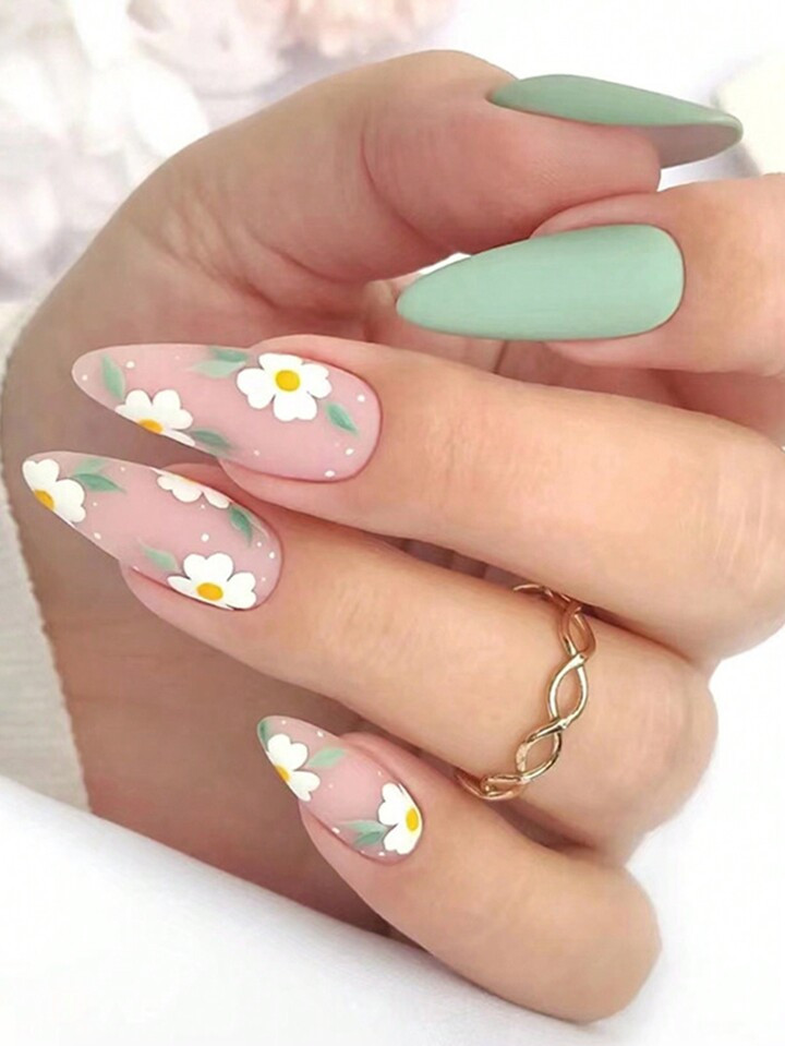 24pcs/Set Natural Matte Almond Shape Green Floral Summer Press On Nails With 1pc Nail File & 1pc ... | SHEIN