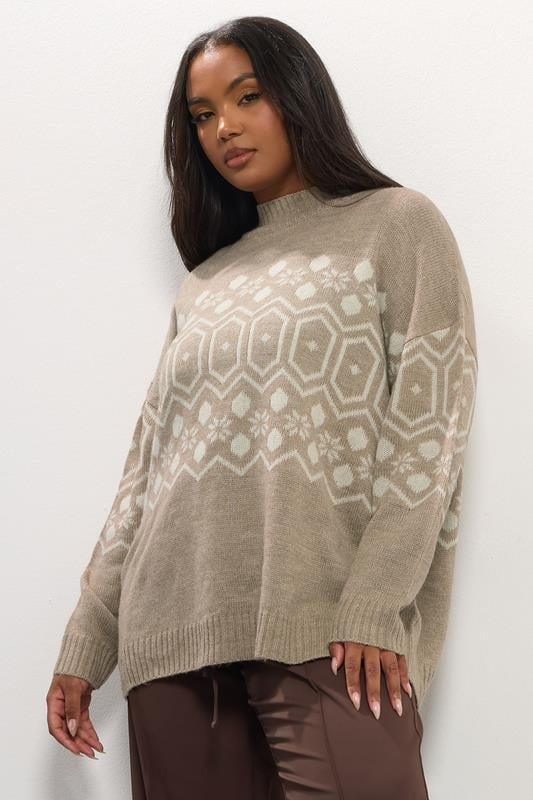 YOURS Plus Size Natural Brown Fairisle Jumper | Yours Clothing UK