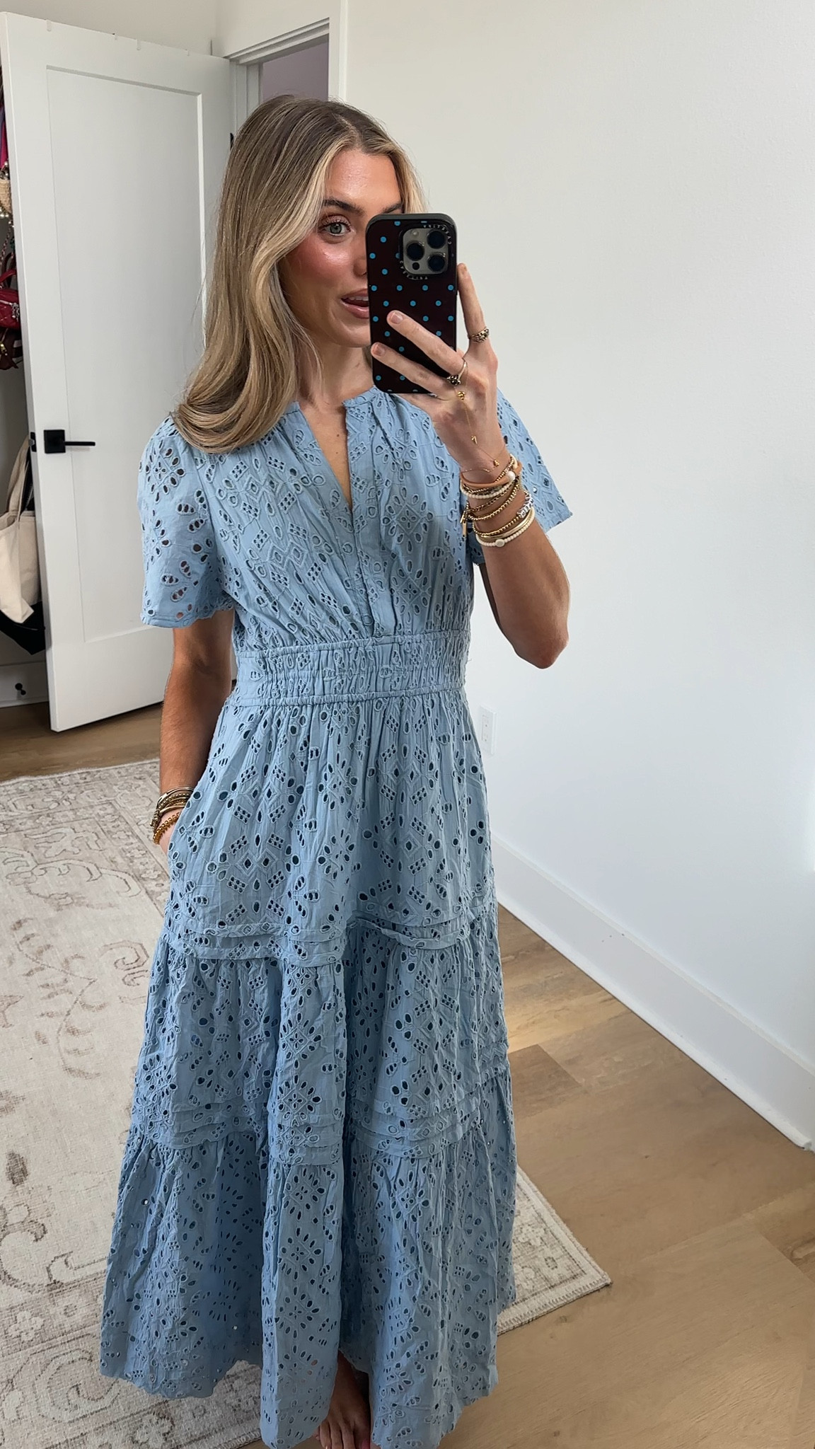 Called to Surf size XS midi eyelet dress. My code is SLOANEVOSEN. An elegant lighter eyelet dress with an floral eyelet pattern in rows. So feminine and romantic!
All over eyelet dress
V-neckline
3 band elastic smocked waist
Beautiful pleat details
Modest midi/maxi dress
Multiple gathered tiers
Fully lined

#LTKootd #LTKWorkwear #LTKSaleAlert