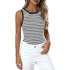 PRETTYGARDEN Summer High Neck Striped Tank Tops for Women Casual Sleeveless Sweaters Basic Ribbed... | Amazon (US)