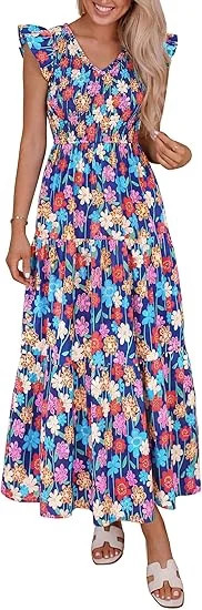 PRETTYGARDEN Women's Boho Floral Maxi Dress Summer Smocked V Neck Ruffle Sleeve Spring Flowy Beac... | Walmart (US)
