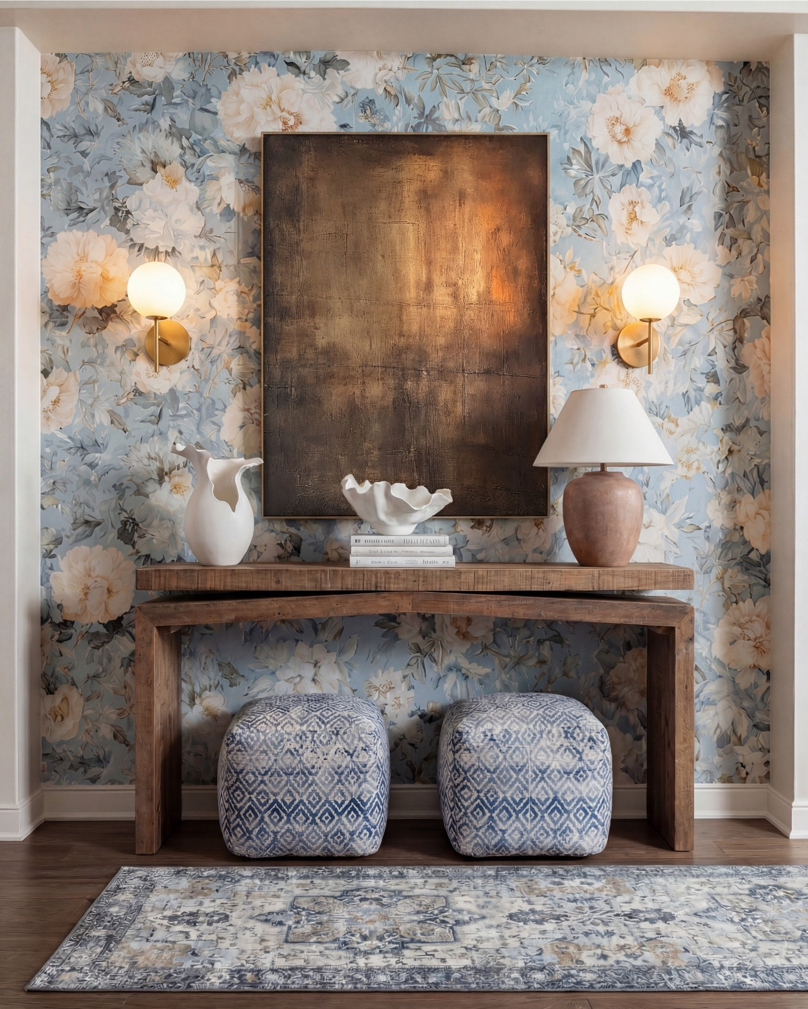 Bright, inviting, and beautifully styled — this foyer mixes rustic wood textures with soft blue floral tones for a welcoming, elevated entry moment. The reclaimed wood console brings warmth and depth, while the oversized carved mirror adds a touch of classic elegance. Blue patterned ottomans pull in the wallpaper’s tones, and layered ceramic vases create that effortless, collected look. Finished with brass globe sconces and a vintage-inspired runner, this space feels fresh, polished, and full of personality.

Shop the Look:
• Reclaimed wood waterfall console table
• Blue & cream floral wallpaper with watercolor undertones
• Carved antique-style bronze mirror
• Brass globe wall sconces
• Blue geometric patterned ottomans
• Vintage-wash blue and ivory runner
• Sculptural white ceramic vases
• Textured terracotta table lamp
• Neutral hardcover styling books
• Large white ceramic shell bowl

#LTKsale #LTKhome #LTKstyletip