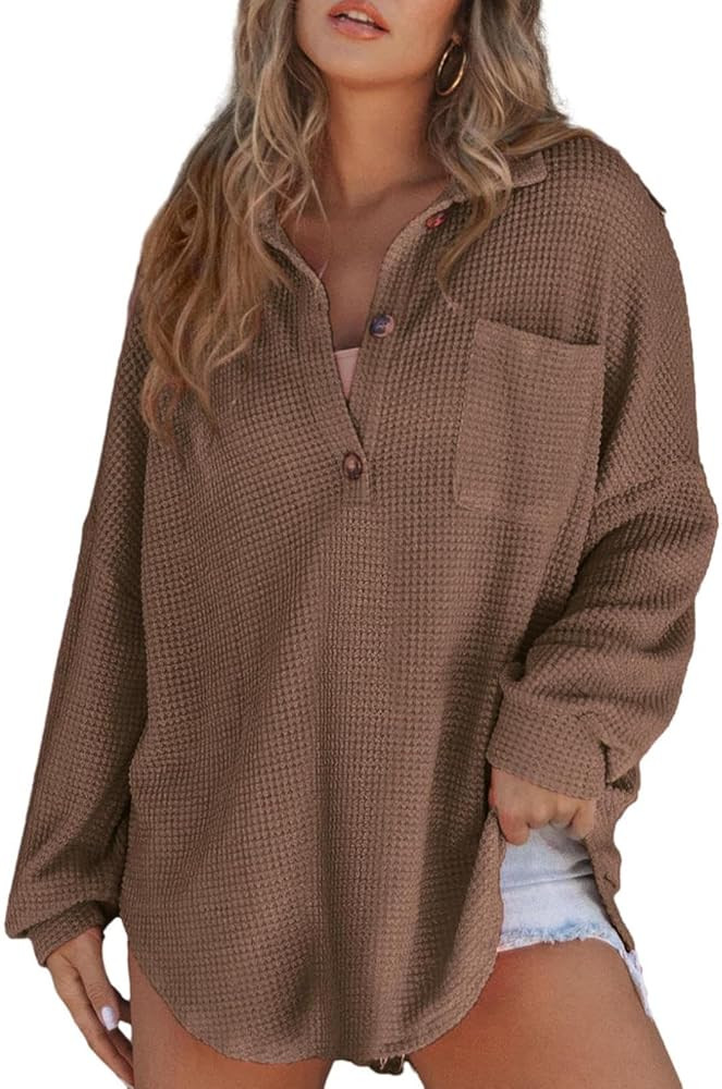 Astylish Women Waffle Knit Tops Henley Shirts Long Sleeve V Neck Solid Color Casual Tunic | Amazon (US)