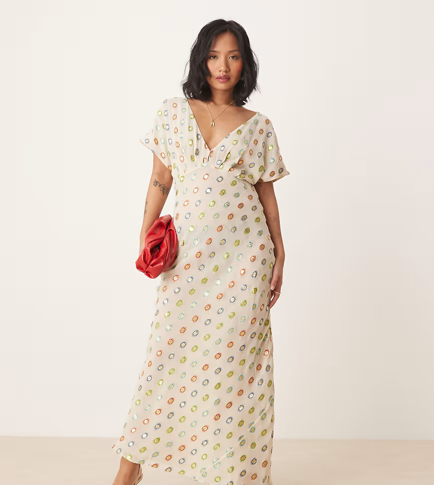 Never Fully Dressed Petite multi-colour gold foil maxi dress in cream-Neutral | ASOS (Global)
