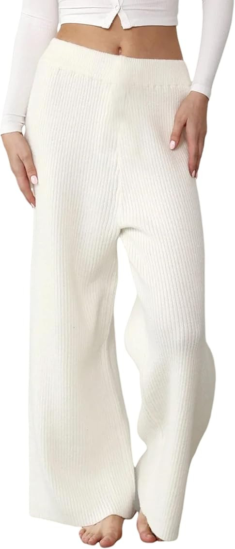 UANEO Women's Casual Knit Ribbed Pants Sweater Flowy Wide Leg Palazzo Pants Trousers | Amazon (US)