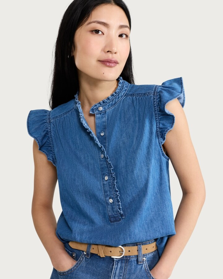 F&F Pure Cotton Frill Sleeved Blouse in Blue | Tesco F&F