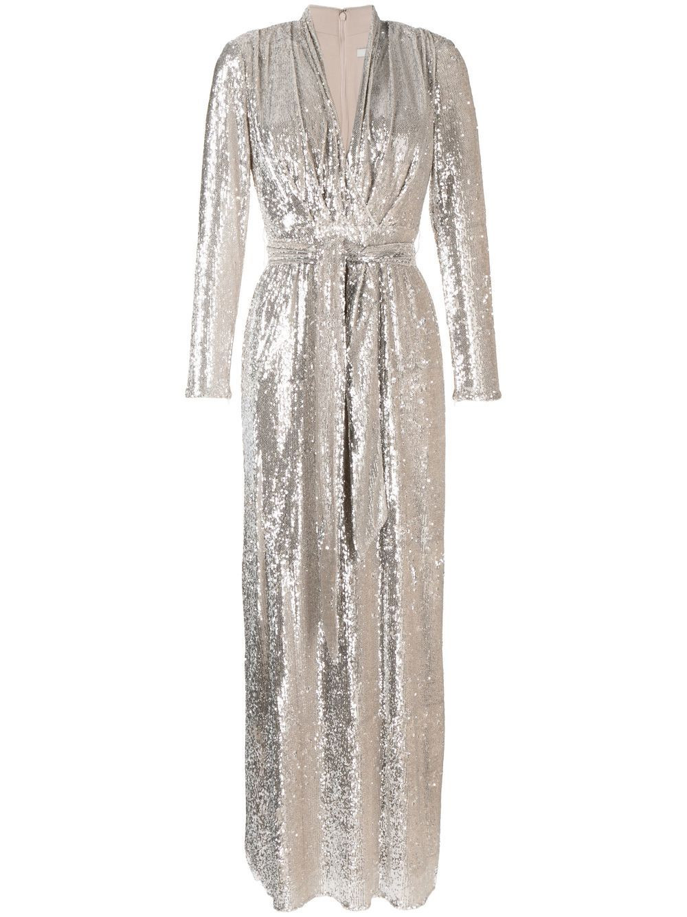 Badgley Mischka plunge sequin-column gown - Silver | Farfetch Global