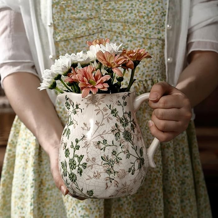 Ceramic Pitcher Vase, Green and Beige Vintage Vase with Handle, Farmhouse Pitcher for Home Decor,... | Amazon (US)