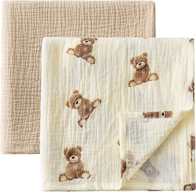 2-Pack Cotton Muslin Swaddle Blankets for Baby Boys Girls Unisex - Large 47" x 47" Boho Teddy Bea... | Amazon (US)