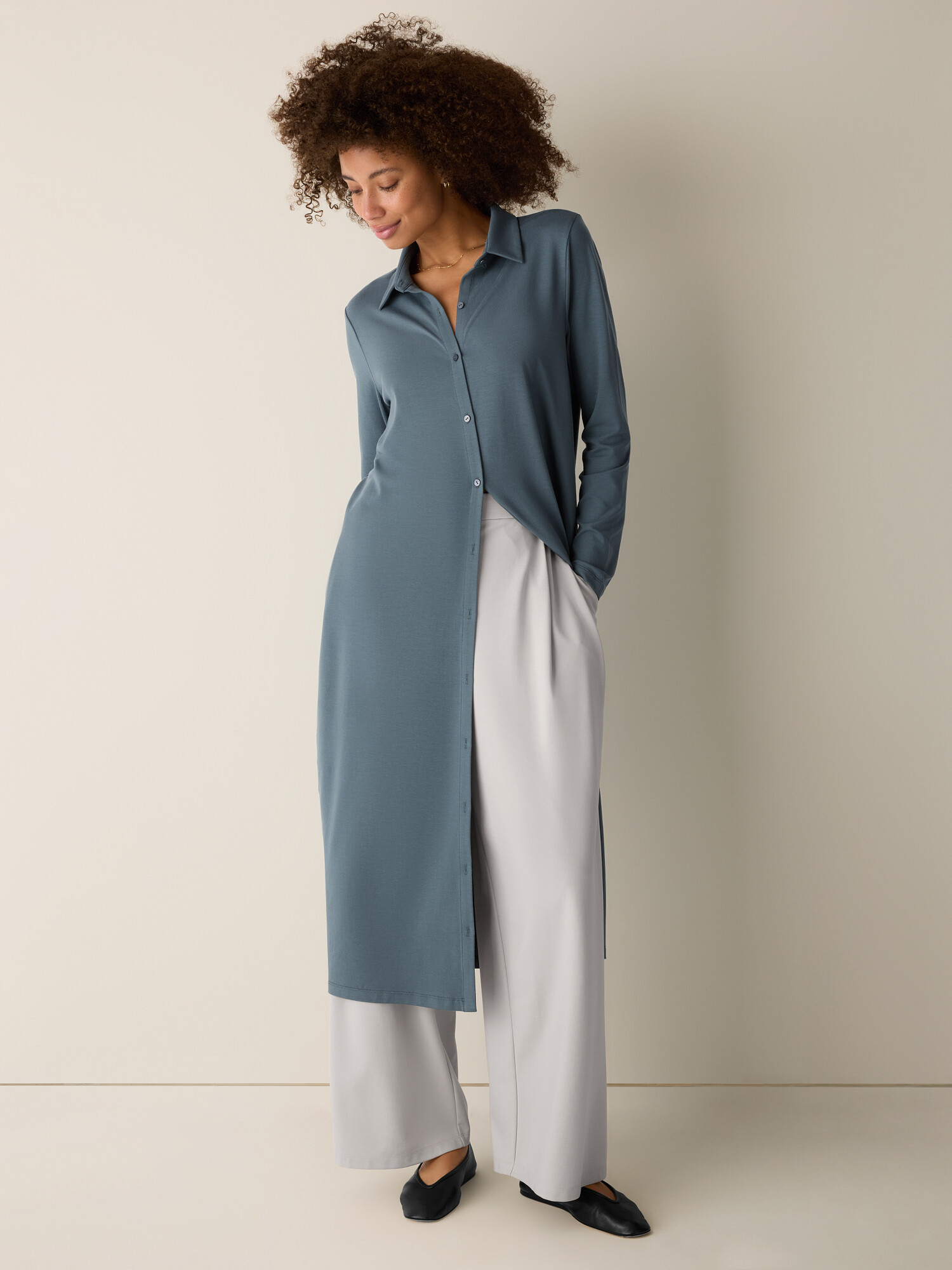 Stretch Jersey Knit Classic Collar Oval Dress | Eileen Fisher