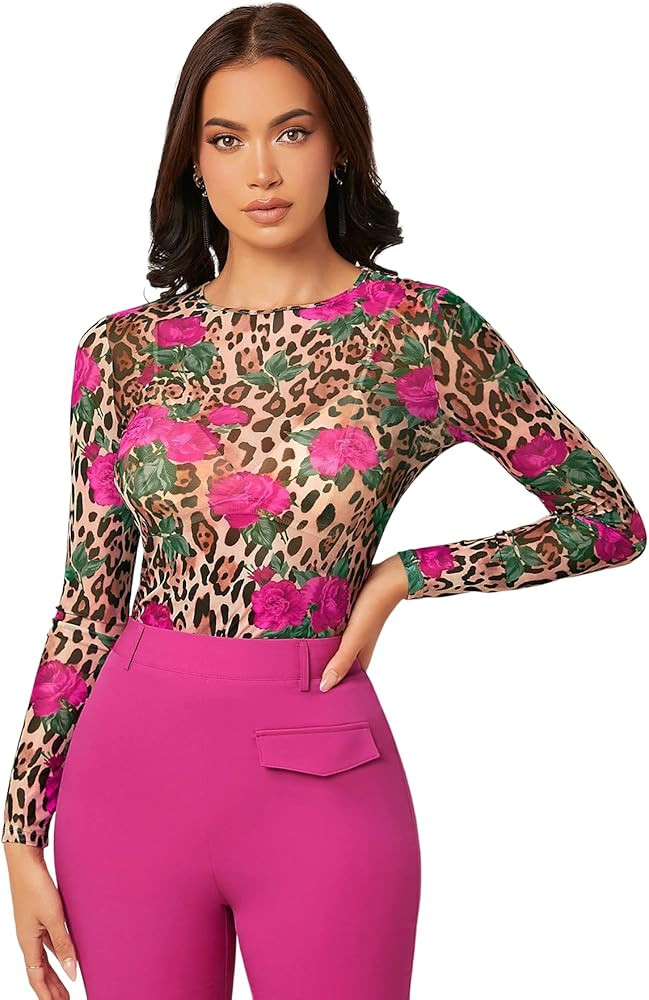 Floerns Women's Long Sleeve Slim Fit See Through Sheer Mesh Top | Amazon (US)