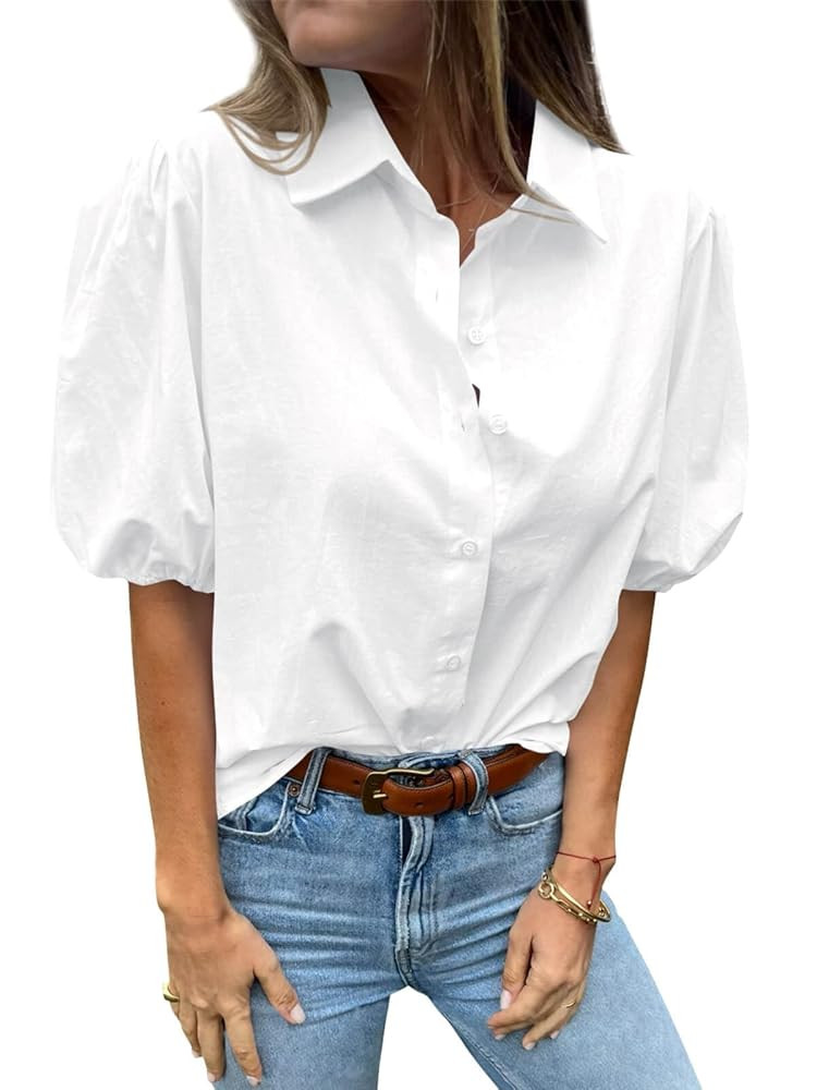 Tankaneo Women's Button Down Shirts Short Puff Sleeve Collared Dressy Casual Blouse Tops | Amazon (US)