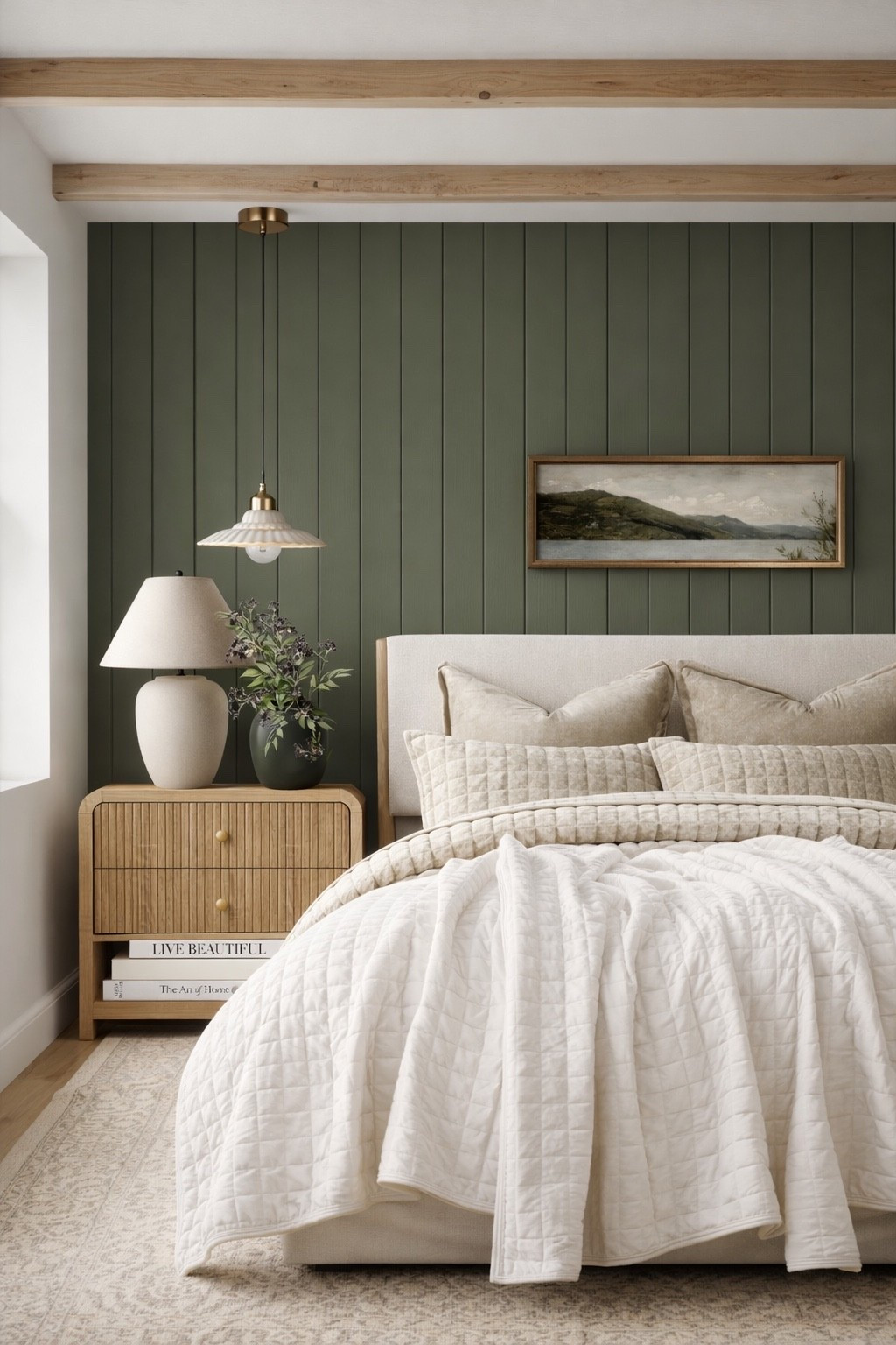 Green bedroom, queen beds, nightstands, nightstand decor, home decor, bedroom ideas, bedroom design, fluffy bedding, velvet quilt, lamps, pendants, above bed art

#LTKHome #LTKSaleAlert