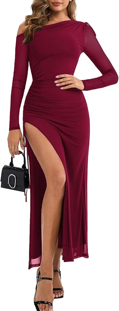 EYNMIN Fall Wedding Guest Dresses for Women One Shoulder Long Sleeve Slit Drawstring Mesh Ruched ... | Amazon (US)