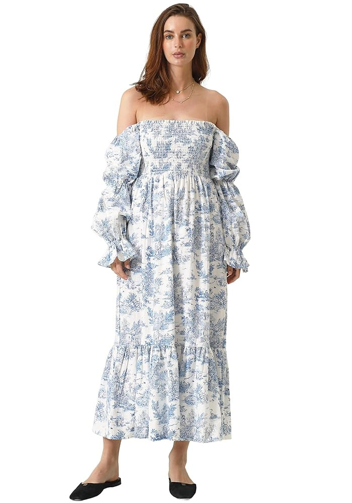 NOTHING FITS BUT Women Linen Cotton Dress, Floral Pattern Yuki Gown, Women Casual Dress, Off Shou... | Amazon (US)