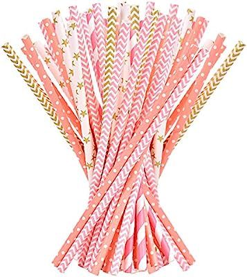 Paper Straws - 200-Pack Pink, Gold, and Peach Colored Fun Drinking Straws with Coral Stripes, Pol... | Amazon (US)