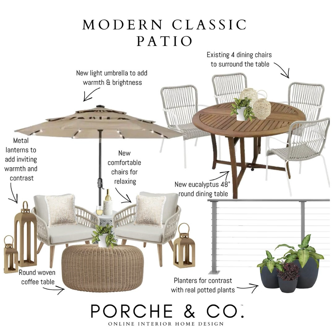 Patio Decor, Modern Classic Patio Design, Outdoor Furniture, Outdoor living space, Patio Chairs, Patio Umbrella #outdoor #patio #porcheandco 

#LTKstyletip #LTKhome #LTKSeasonal