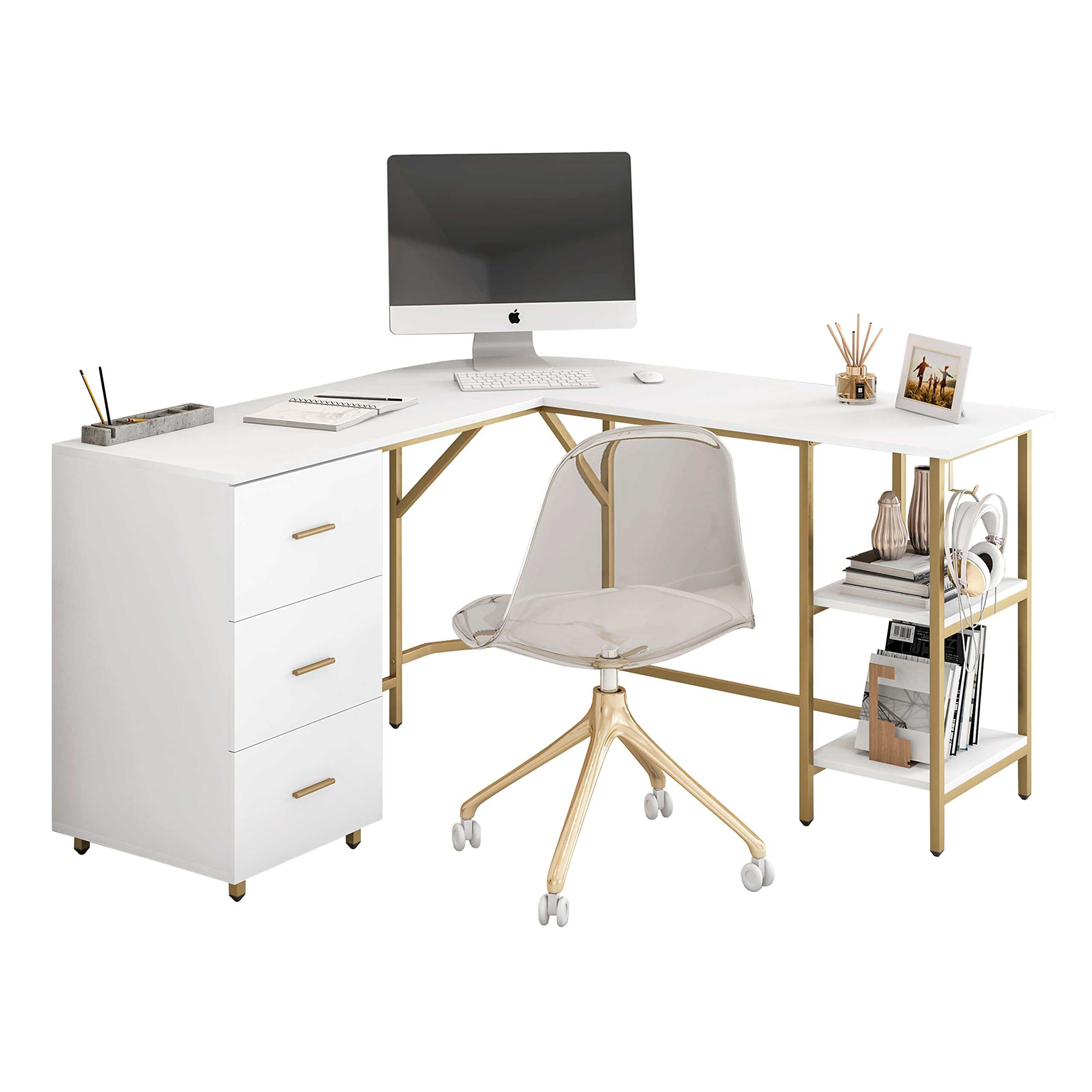 Techni Mobili L Shaped Desk - Two-Toned Computer Desk with Drawers & Storage Shelves - Simple Mod... | Amazon (US)