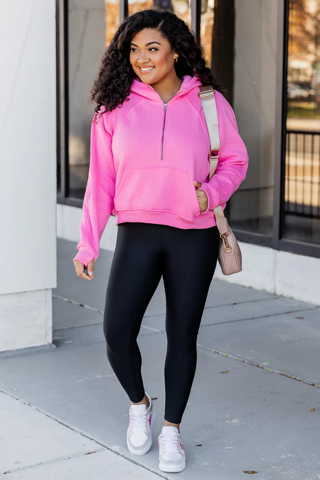 Making It Look Easy Hot Pink Ribbed Shoulder Quarter Zip Pullover | Pink Lily