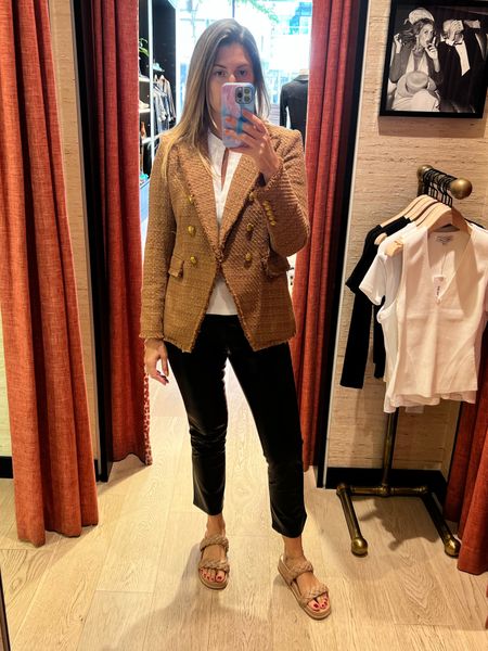 This right here is a game changing blazer. The camel color makes it a great neutral so it matches everything. Plus the tweed offers an elevated look. Best part? It’s warm enough to double as outerwear for the fall. ‘Nuff said! 

Oh, and the vegan leather kick flare pants will be on high rotation for day and night! So easy to style as a fun alternative to denim. 

Blazer runs TTS. I’m wearing a size 6. Shirt runs TTS. Wearing a size small. Pants run small. I sized up to a 29.

#LTKworkwear #LTKstyletip #LTKSeasonal