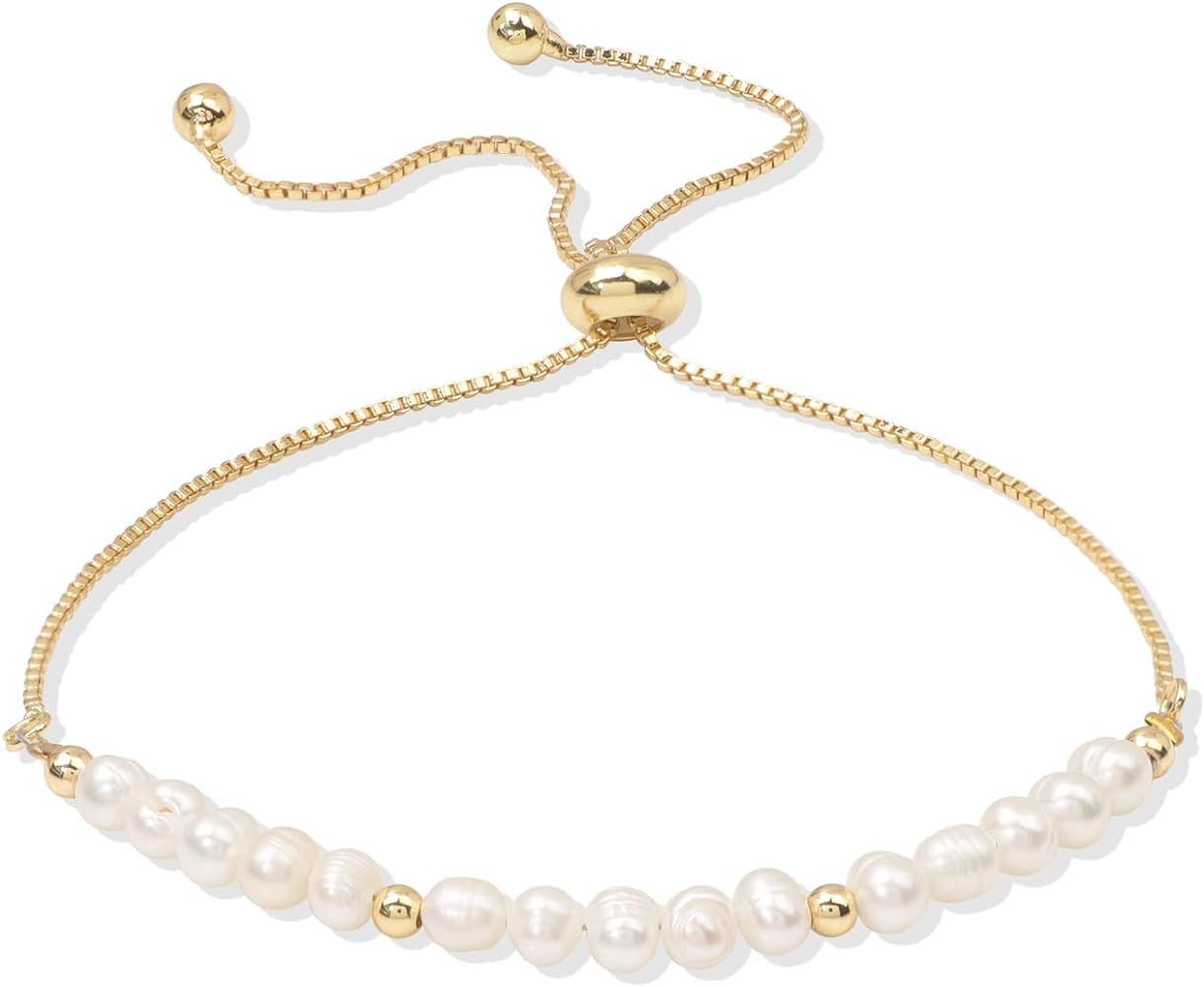 Dainty Pearl Chain Bracelets 14K Gold Bracelet for Women Adjustable Baroque Culture Jewelry Gifts... | Amazon (US)