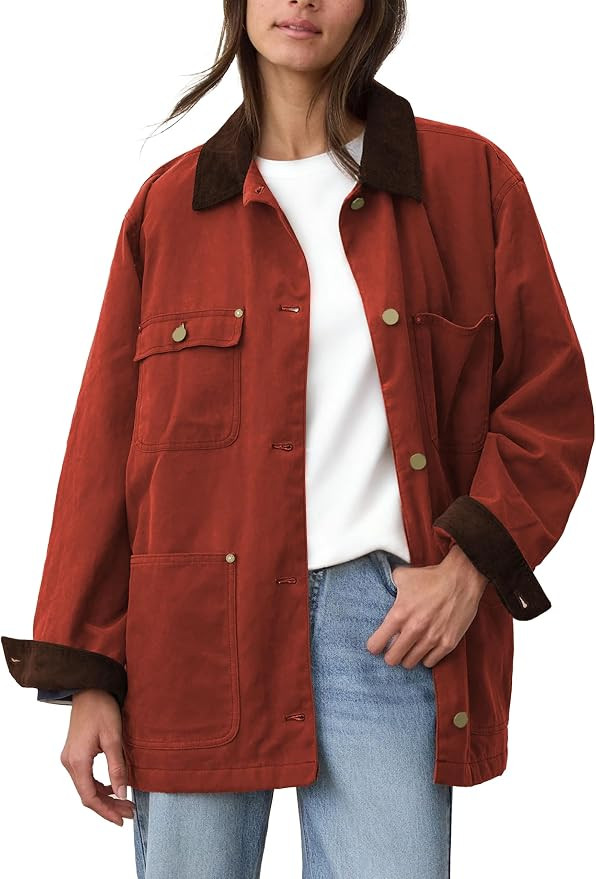 Barn Jackets for Women 2025 Fall Oversized Utility Cotton Coat Corduroy Collar Vintage Workwear w... | Amazon (US)