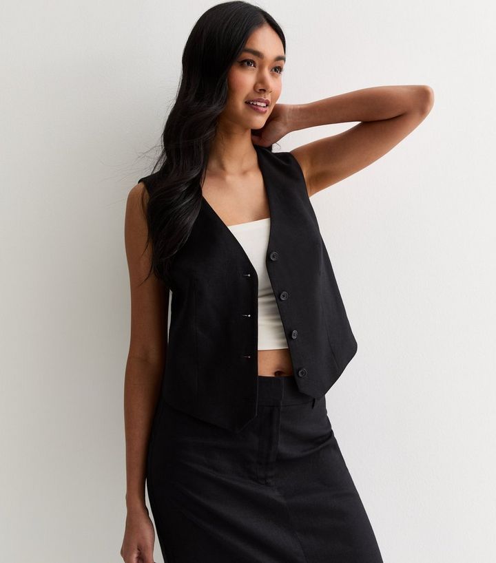 Black Linen Blend Button Front Waistcoat | New Look | New Look (UK)