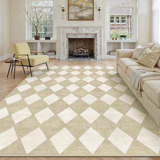 8x10 Checkered Area Rugs for Living Room Beige Machine Washable Large Rug Non-Slip Stain Resistan... | Amazon (US)