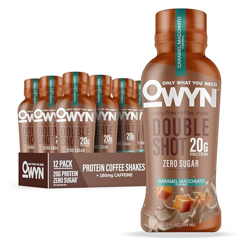 OWYN Only What You Need Double Shot Caramel Macchiato Flavored Protein Shake, 20g Protein, 0g Sugar, 3g Fiber, 180mg Caffeine, Dairy Free, Plant Based Protein Drink, 12 Count | Amazon (US)