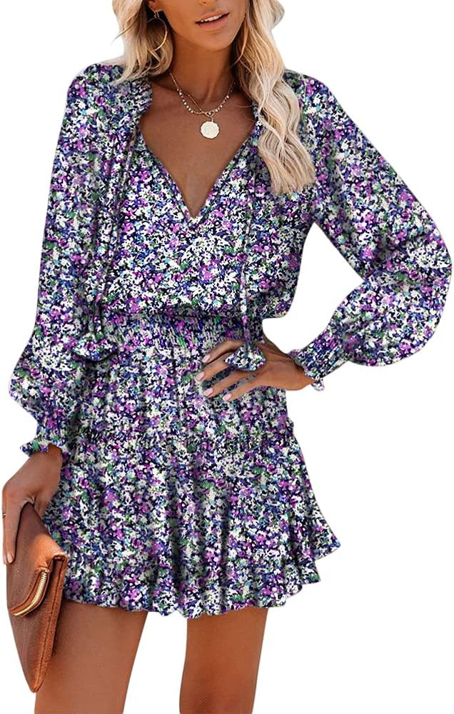 Esobo Women's V-Neck Ruffle Long Sleeve Flared Dresses Floral Print Party Wedding Cocktail Mini S... | Amazon (US)