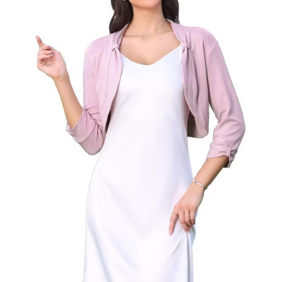 INSPIRE CHIC Women's Bolero Collarless Elegant 3/4 Sleeve Pleated Open Front Knitted Shrug Medium Pink | Target