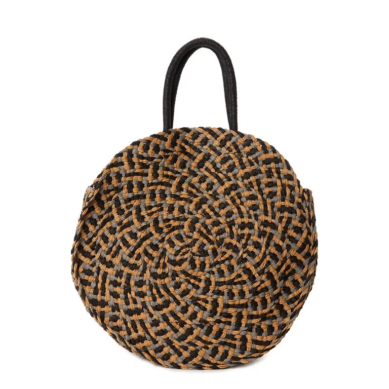 Time and Tru Women’s Circle Straw Tote Bag Black Multi | Walmart (US)