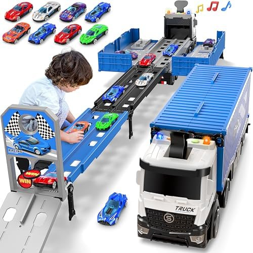 Carrier Truck Race Track Toddlers Toys, Foldable 3 Layer Track Playset, Toy Truck Transport Car C... | Amazon (US)