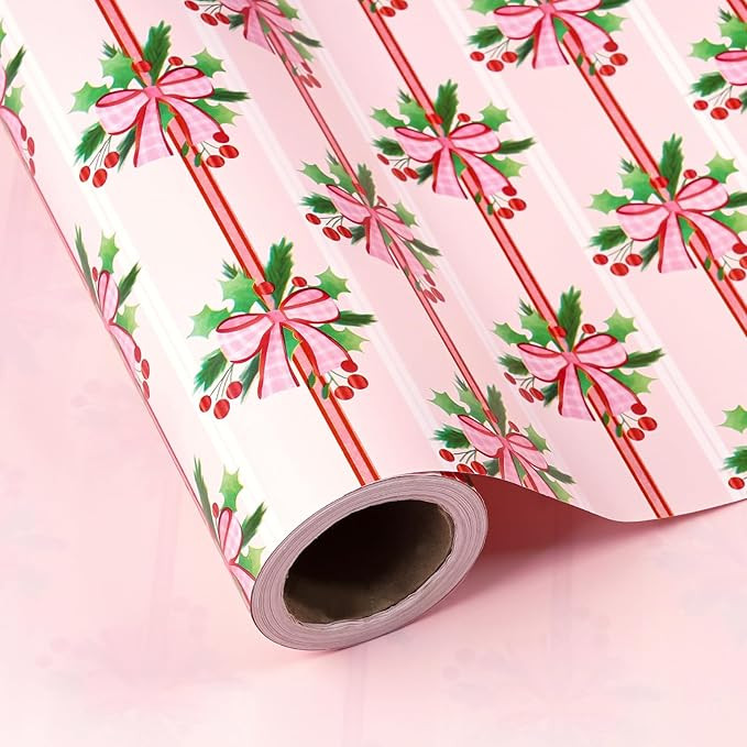 WRAPAHOLIC Reversible Christmas Wrapping Paper - Mini Roll - 17 Inch x 33 Feet - Holly and Red Bo... | Amazon (US)