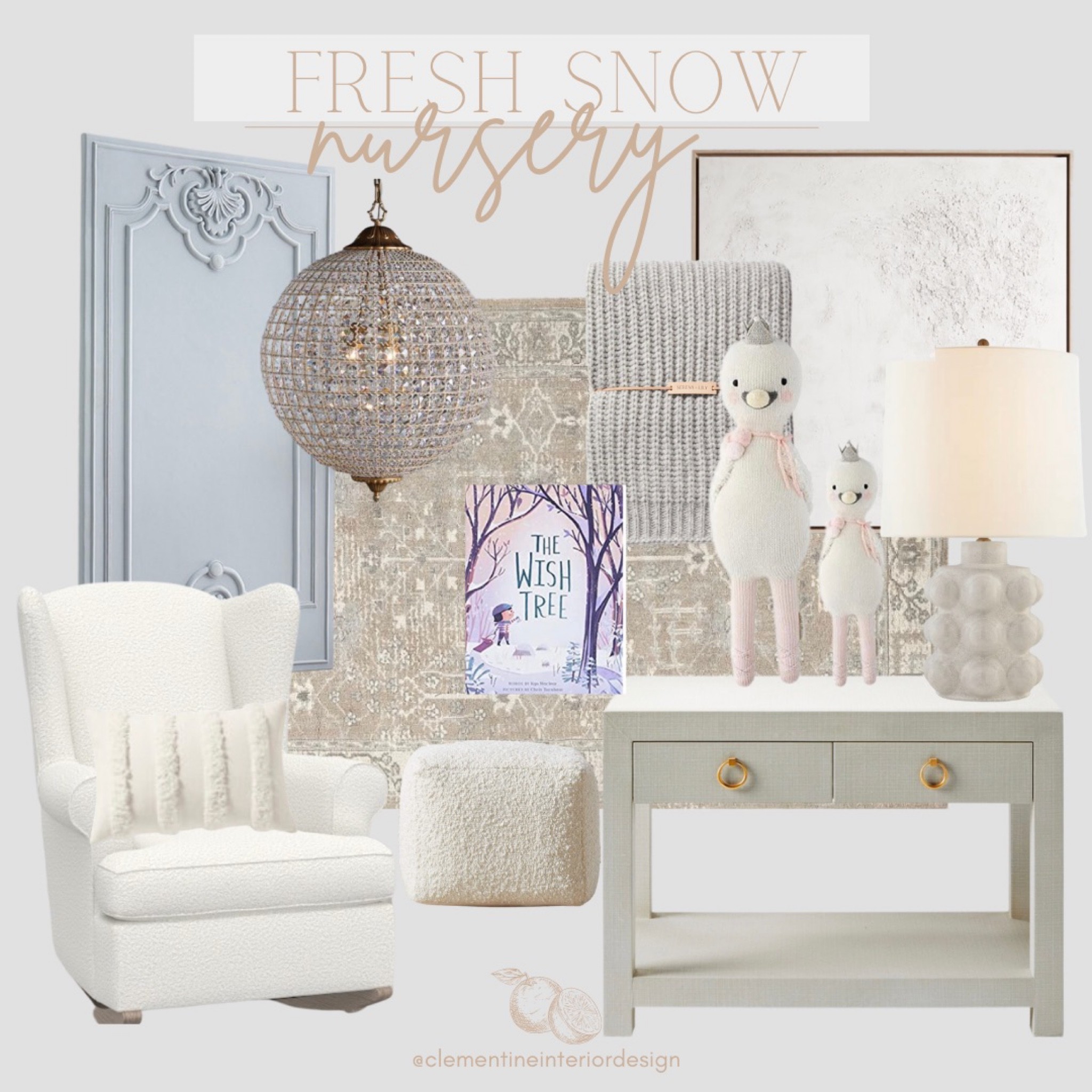 Inspired by a gentle soft snowfall🤍

Nursery rocker
Nursery glider
Nursery chair
Cuddle and kind doll
Cream nightstand
Mcgee and co lamp
White wall art
Blue wall panel
Throw blanket
Throw pillow
Kids books
Boucle ottoman

#LTKbaby #LTKhome #LTKkids