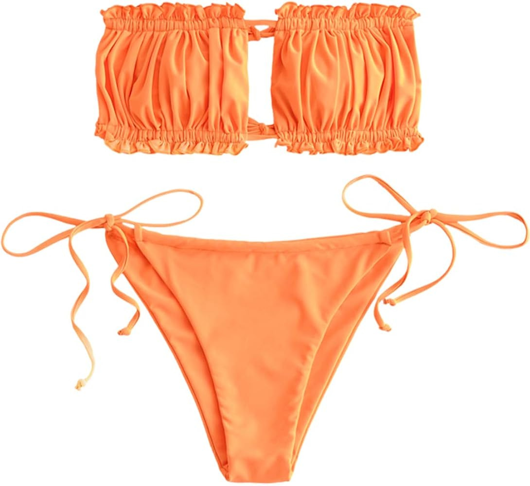 ZAFUL Women's Strapless Ribbed Tie Back Ruffle Cutout Bandeau Bikini Set Swimsuit | Amazon (US)