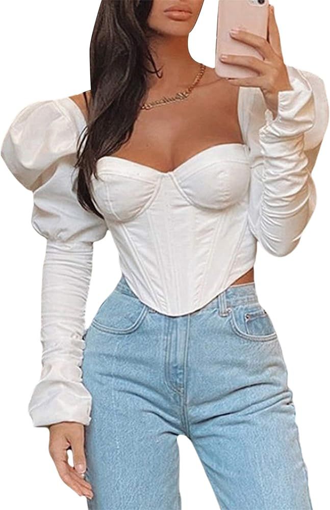 Women's Sexy Corset Crop Top Elegant Fall Cloth Puff Sleeve Bustier Square Neck Solid Long Sleeve... | Amazon (US)