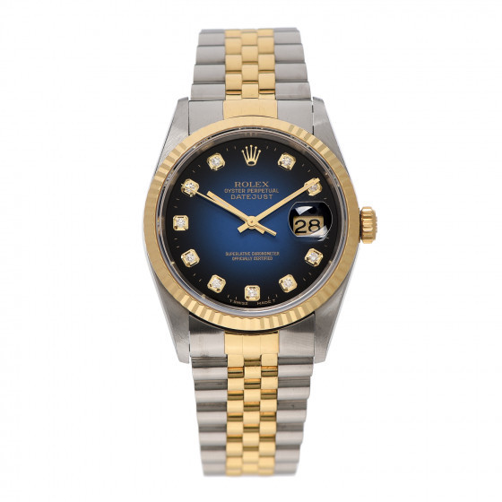 ROLEX Stainless Steel 18K Yellow Gold Diamond 36mm Oyster Perpetual Datejust Automatic Watch Blue 16 | Fashionphile