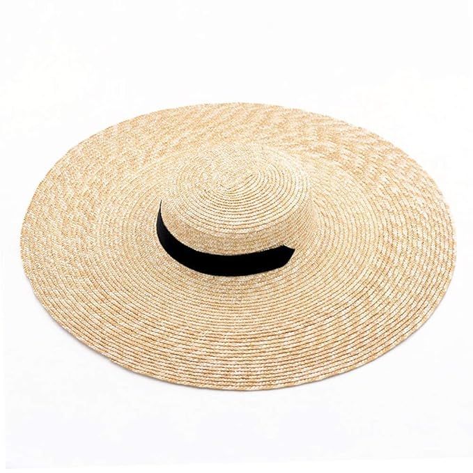 muchique Large Brim Beach Boater Hat, Natural Wheat Straw, Brim Size 7.1'', with Long Ribbon Tie | Amazon (US)