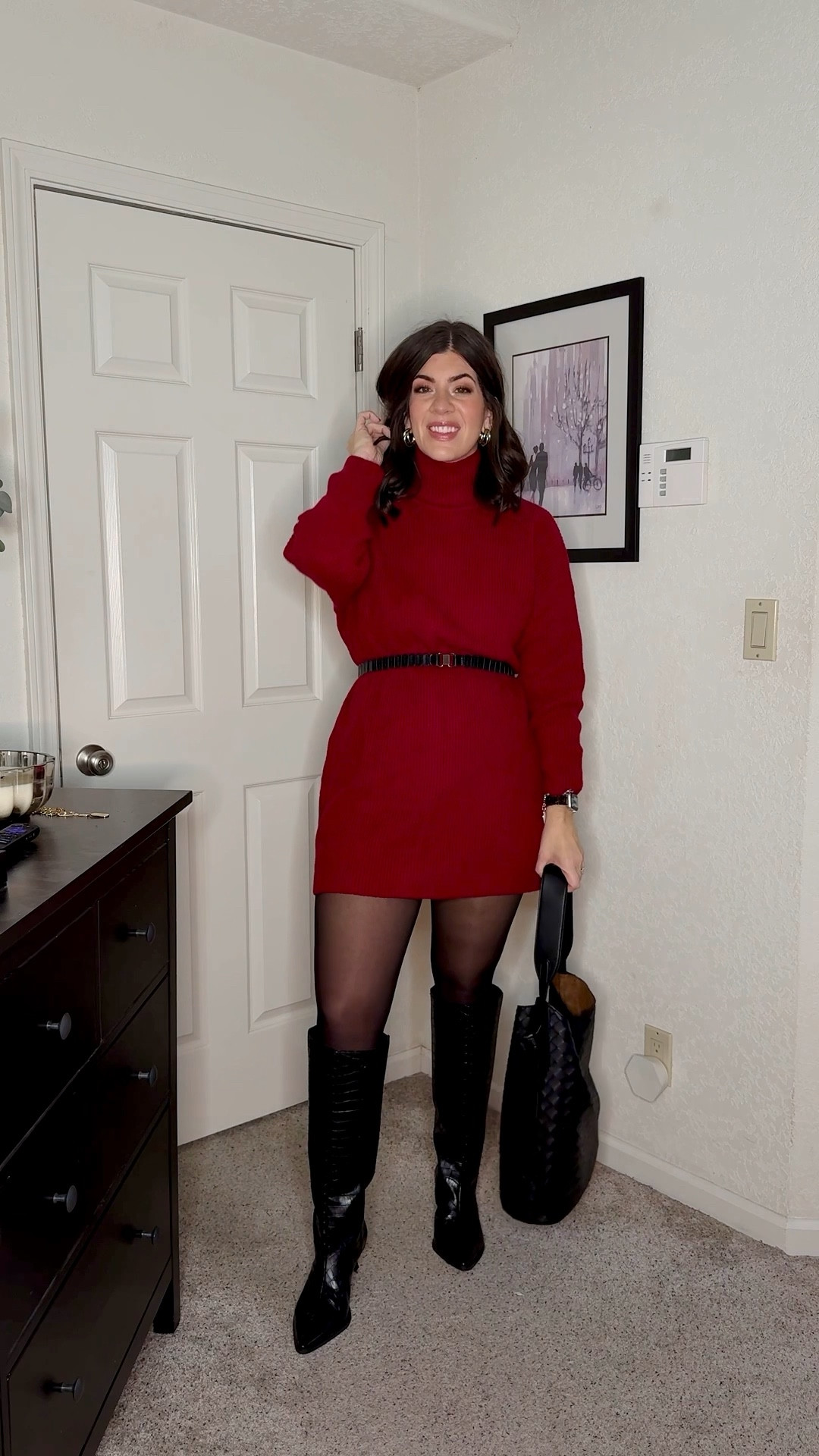 Midsize holiday outfit
In a medium tall sweater dress
Medium belt
Medium tights 

#LTKMidsize #LTKWatchNow #LTKHoliday