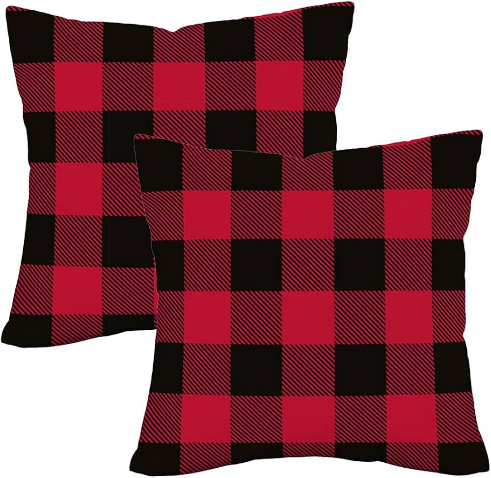 Xihomeli Super Soft 24x24 Inch Xmas Throw Pillow Covers Red Black Buffalo Check Plaid Pattern Dou... | Amazon (US)
