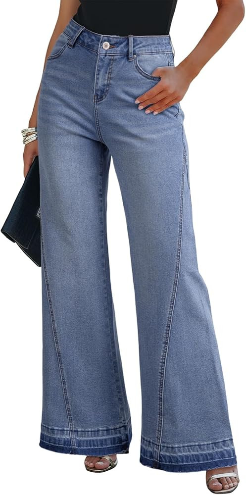 Dokotoo Jeans for Women Casual High Waisted Wide Leg Denim Pants Baggy Raw Hem Flare Jeans with P... | Amazon (US)