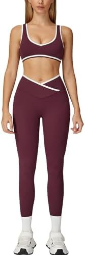 Women 2 Piece Workout U Neck Color Block Sports Bra High Waist Tummy Control Active Leggings Yoga... | Amazon (US)