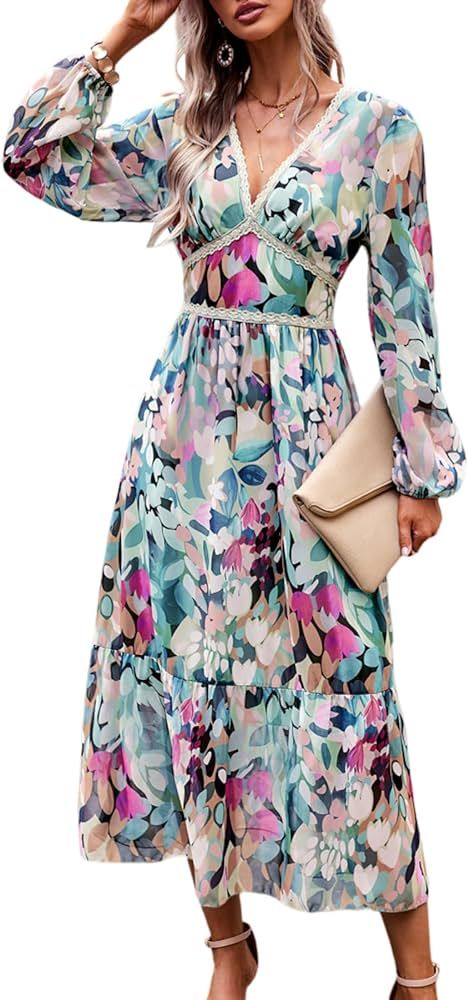 Women's V Neck Long Sleeve Wrap Maxi Dress A Line Empire Waist Fall Wedding Guest Party Casual Ch... | Amazon (US)
