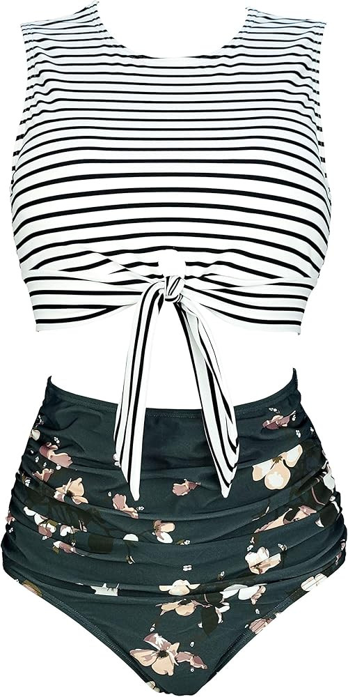 COCOSHIP Women's Retro High Waist Ruched Bikini Set Tie Front Knot Tank Top Two Piece Tankini Ruffle | Amazon (US)
