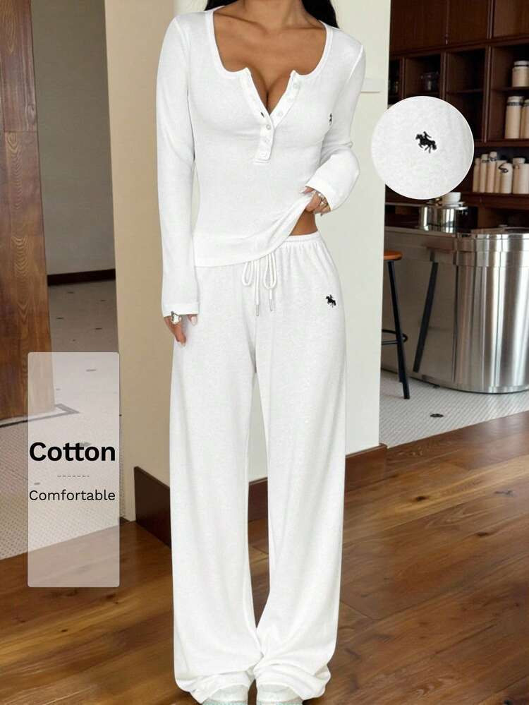 SHEIN EZwear New Autumn All White Women's White Knit Fitted Long Sleeve Top And Drawstring Waist Long Pants Casual Daily 2-Piece Set Two Pieces White Set Women White 2 Pieces Outfit Comfortable Two Pieces Set Casual 2 Pieces Set Two Pieces Set Women | SHEIN